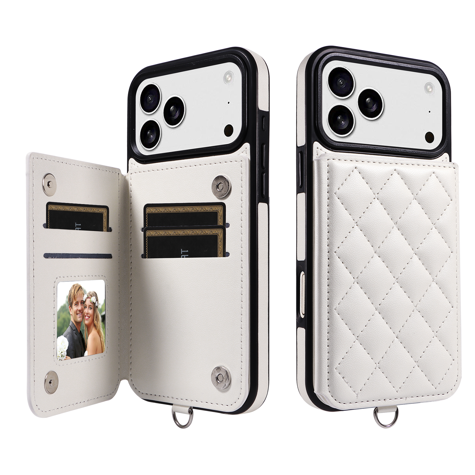 For iPhone 17 Pro Max Case Card Bag Kickstand Leather Coated TPU Phone Cover with Wrist Strap - White