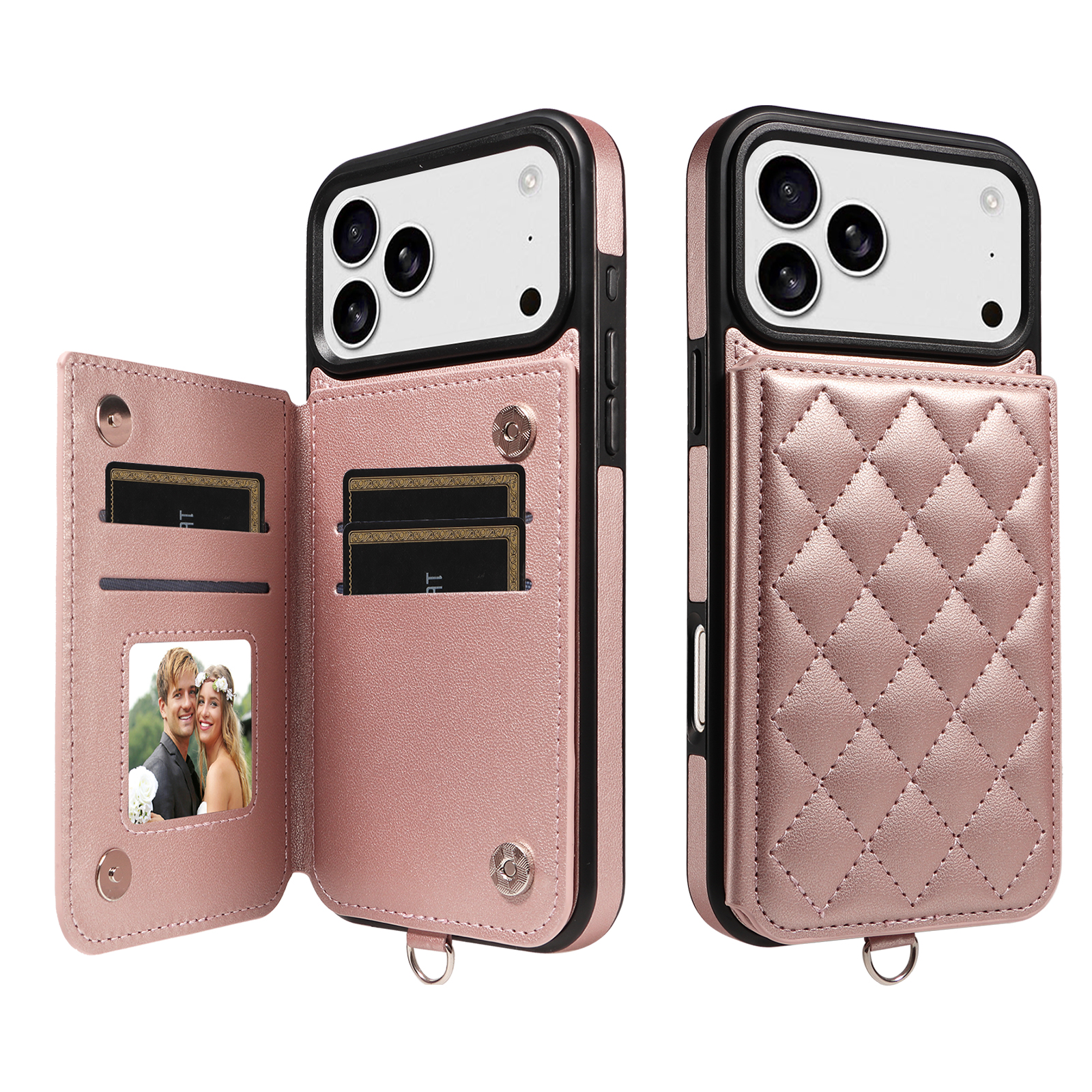 For iPhone 17 Pro Max Case Card Bag Kickstand Leather Coated TPU Phone Cover with Wrist Strap - Rose Gold