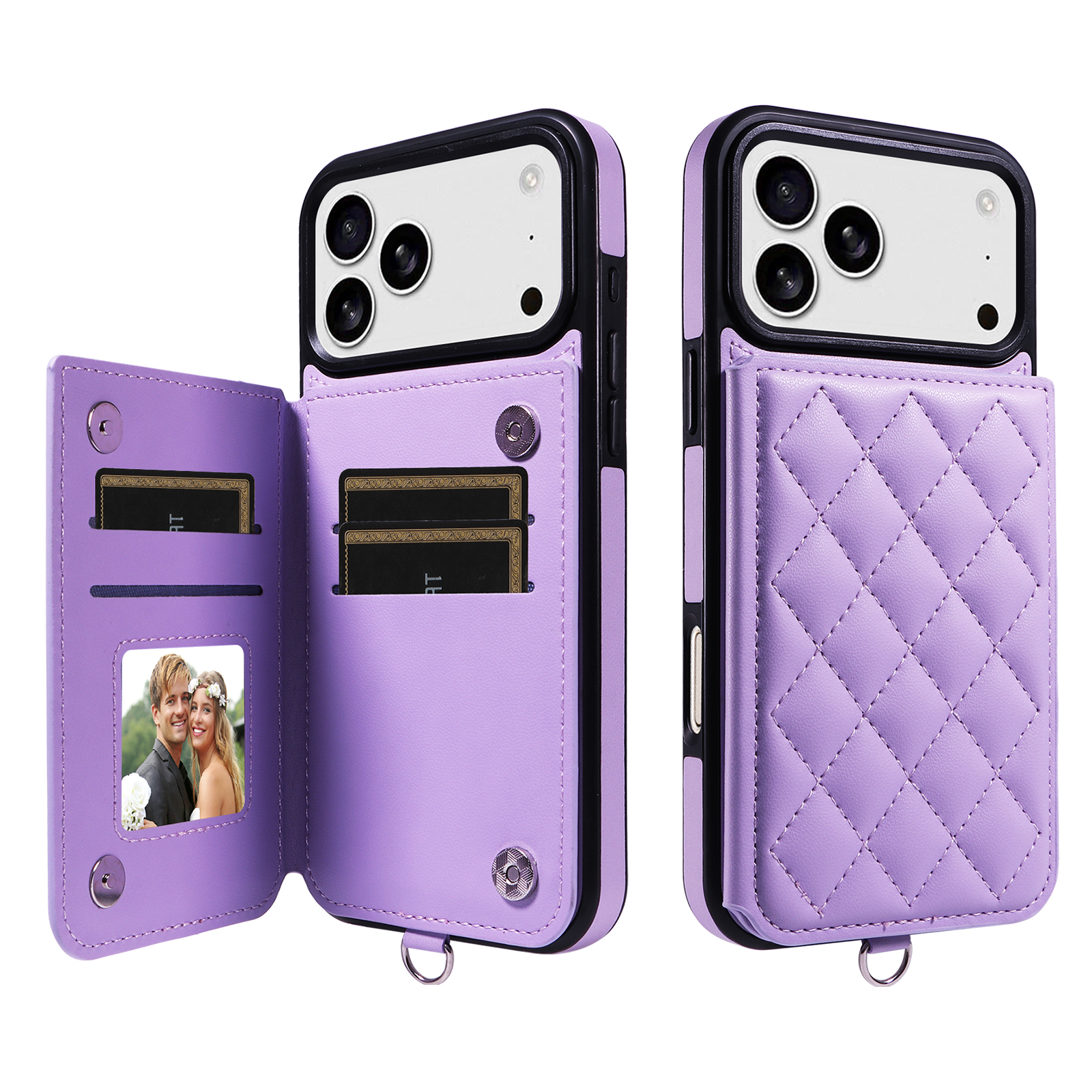 For iPhone 17 Pro Max Case Card Bag Kickstand Leather Coated TPU Phone Cover with Wrist Strap - Purple