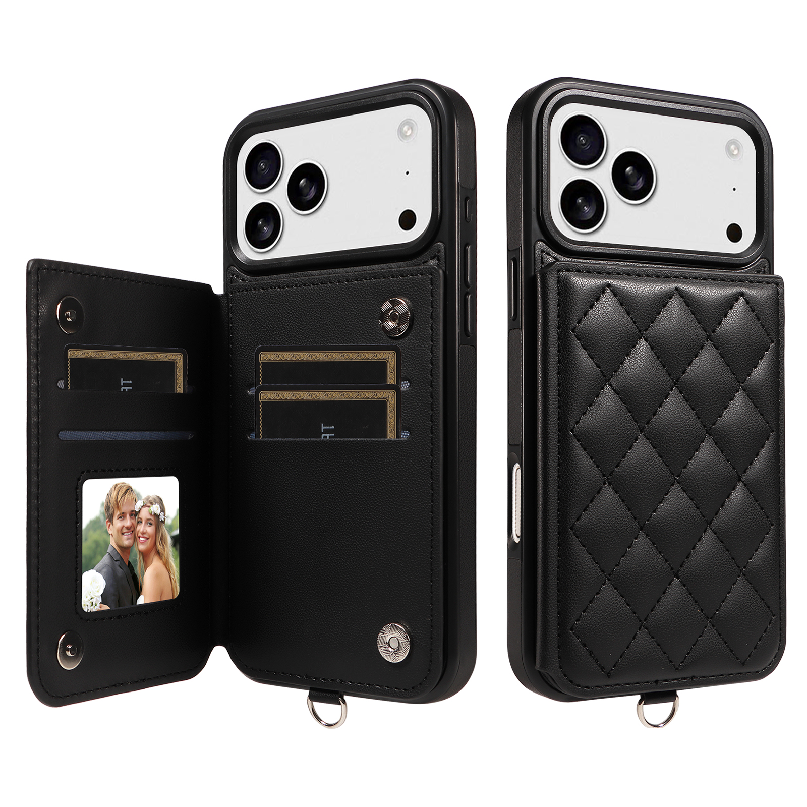 For iPhone 17 Pro Max Case Card Bag Kickstand Leather Coated TPU Phone Cover with Wrist Strap - Black