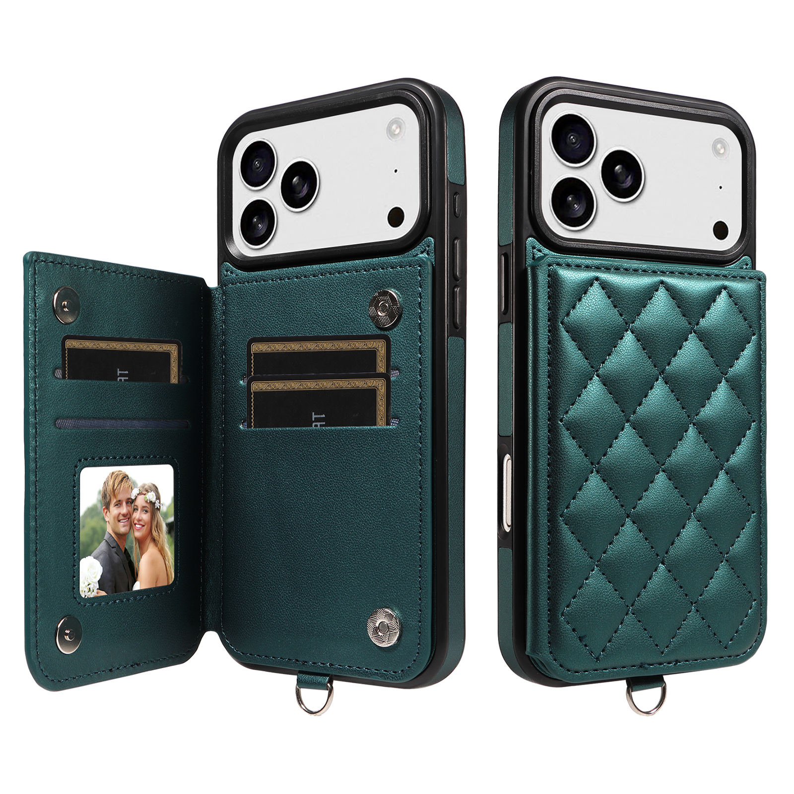 For iPhone 17 Pro Max Case Card Bag Kickstand Leather Coated TPU Phone Cover with Wrist Strap - Dark Green