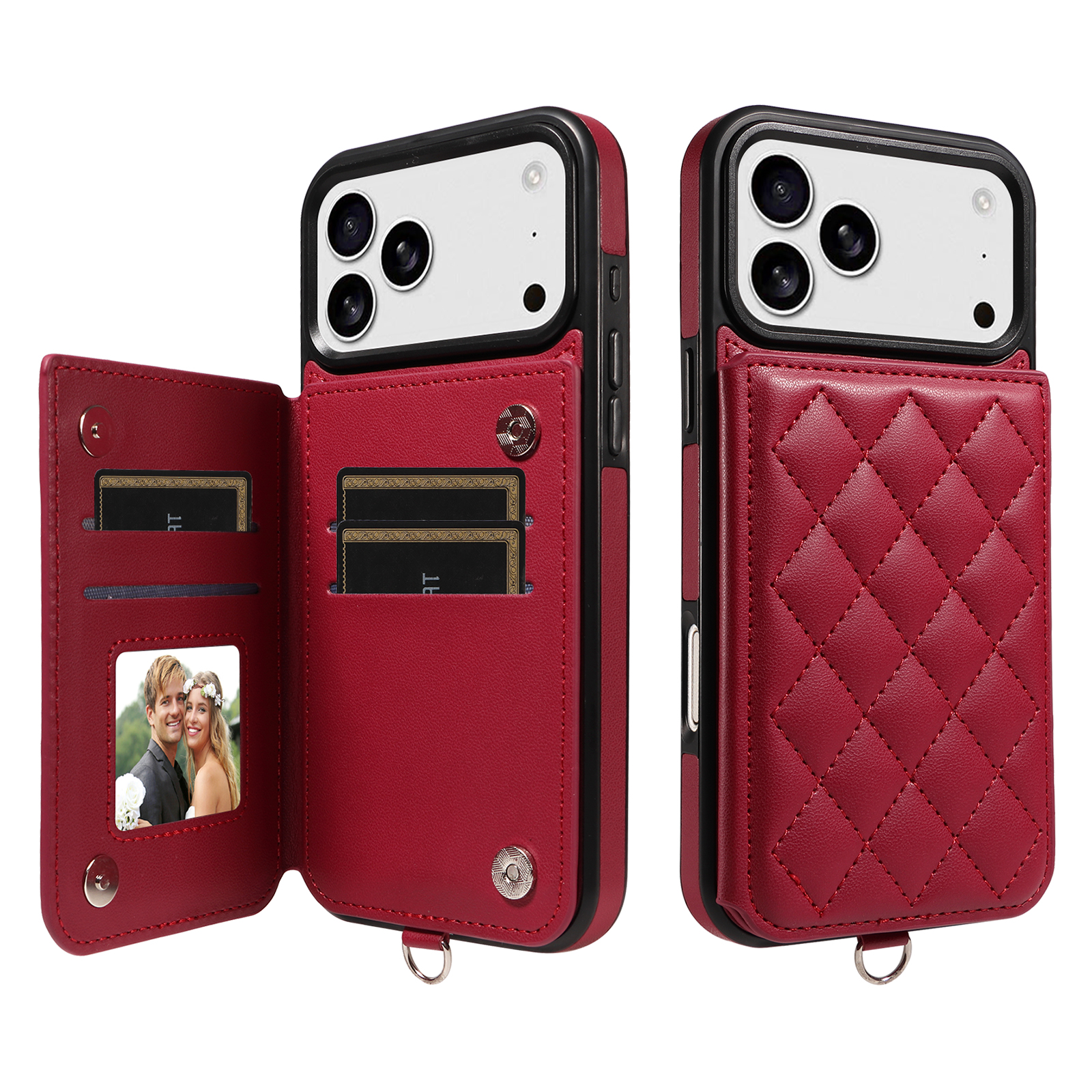 For iPhone 17 Pro Max Case Card Bag Kickstand Leather Coated TPU Phone Cover with Wrist Strap - Wine Red