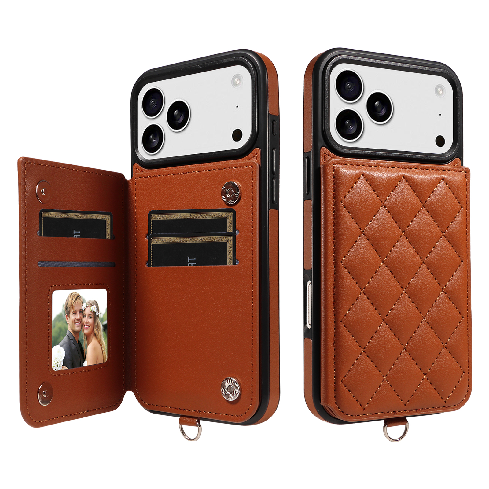For iPhone 17 Pro Max Case Card Bag Kickstand Leather Coated TPU Phone Cover with Wrist Strap - Brown