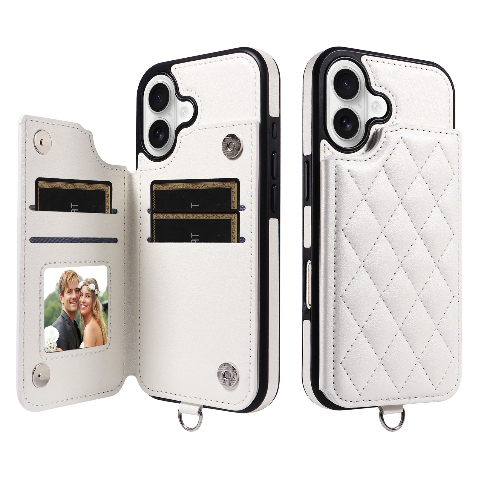 For iPhone 17 Case Card Bag Kickstand Leather Coated TPU Phone Cover with Wrist Strap - White