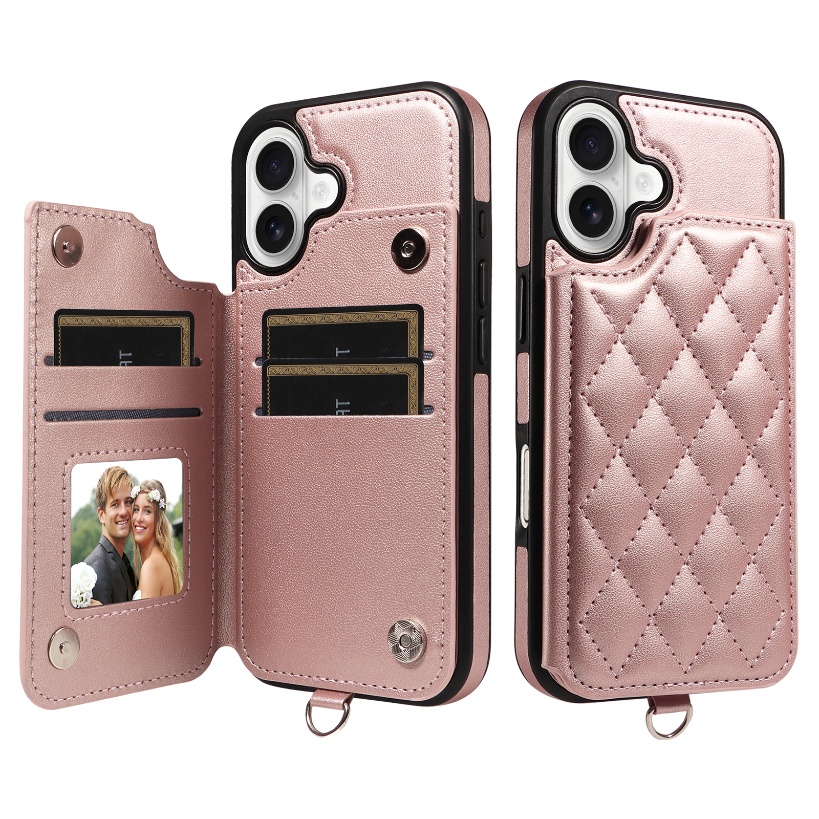 For iPhone 17 Case Card Bag Kickstand Leather Coated TPU Phone Cover with Wrist Strap - Rose Gold