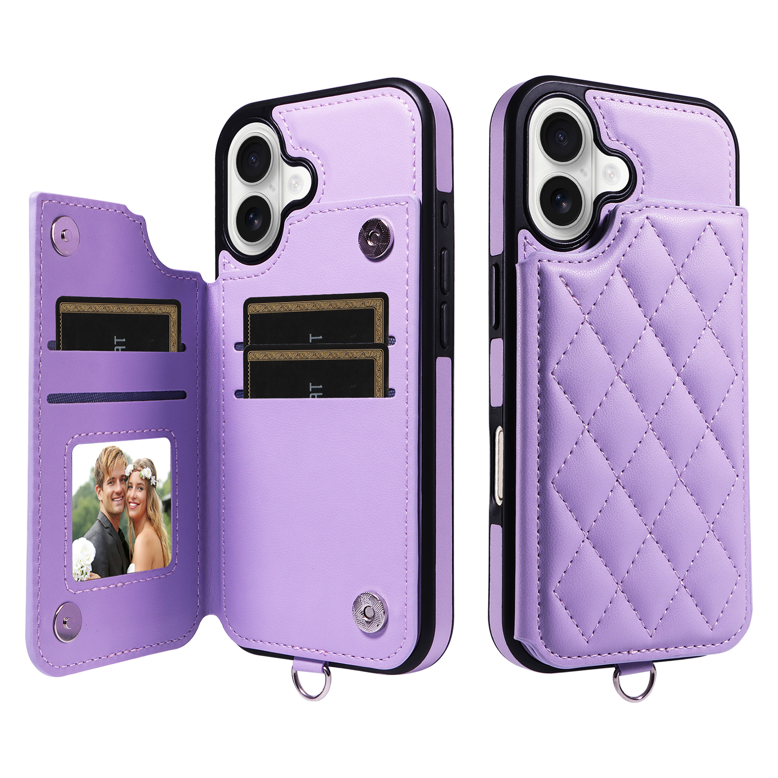 For iPhone 17 Case Card Bag Kickstand Leather Coated TPU Phone Cover with Wrist Strap - Purple