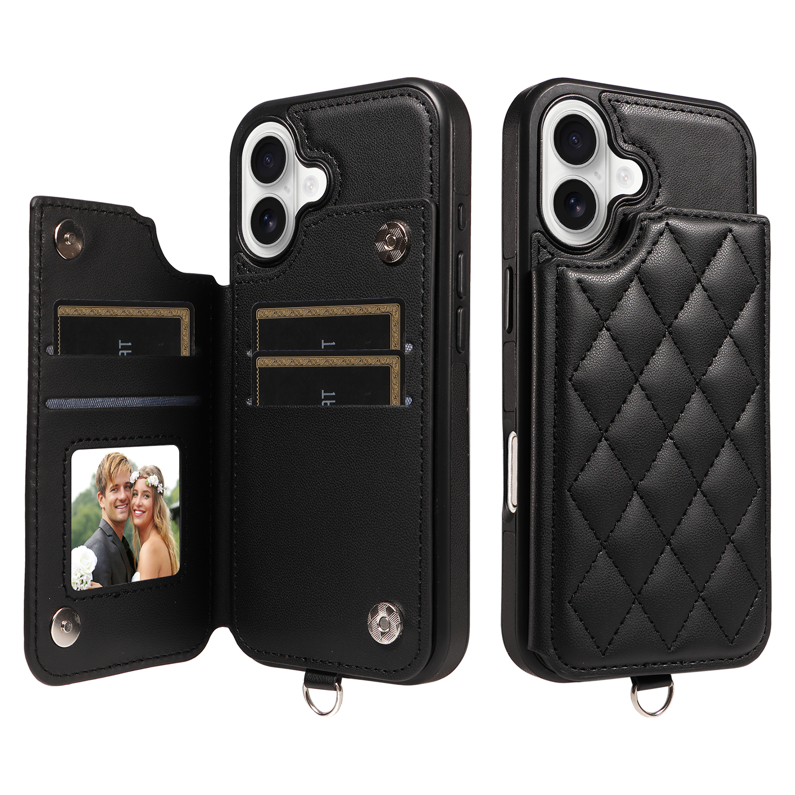 For iPhone 17 Case Card Bag Kickstand Leather Coated TPU Phone Cover with Wrist Strap - Black