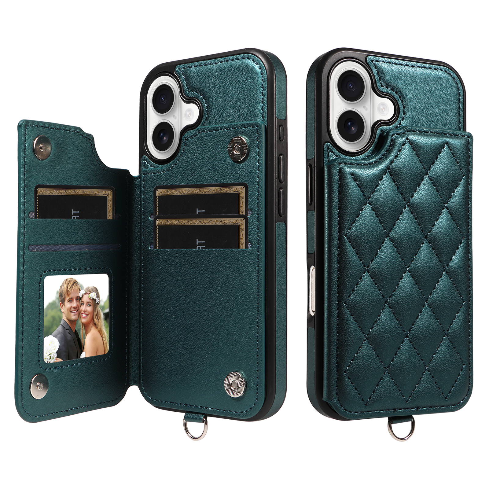 For iPhone 17 Case Card Bag Kickstand Leather Coated TPU Phone Cover with Wrist Strap - Dark Green