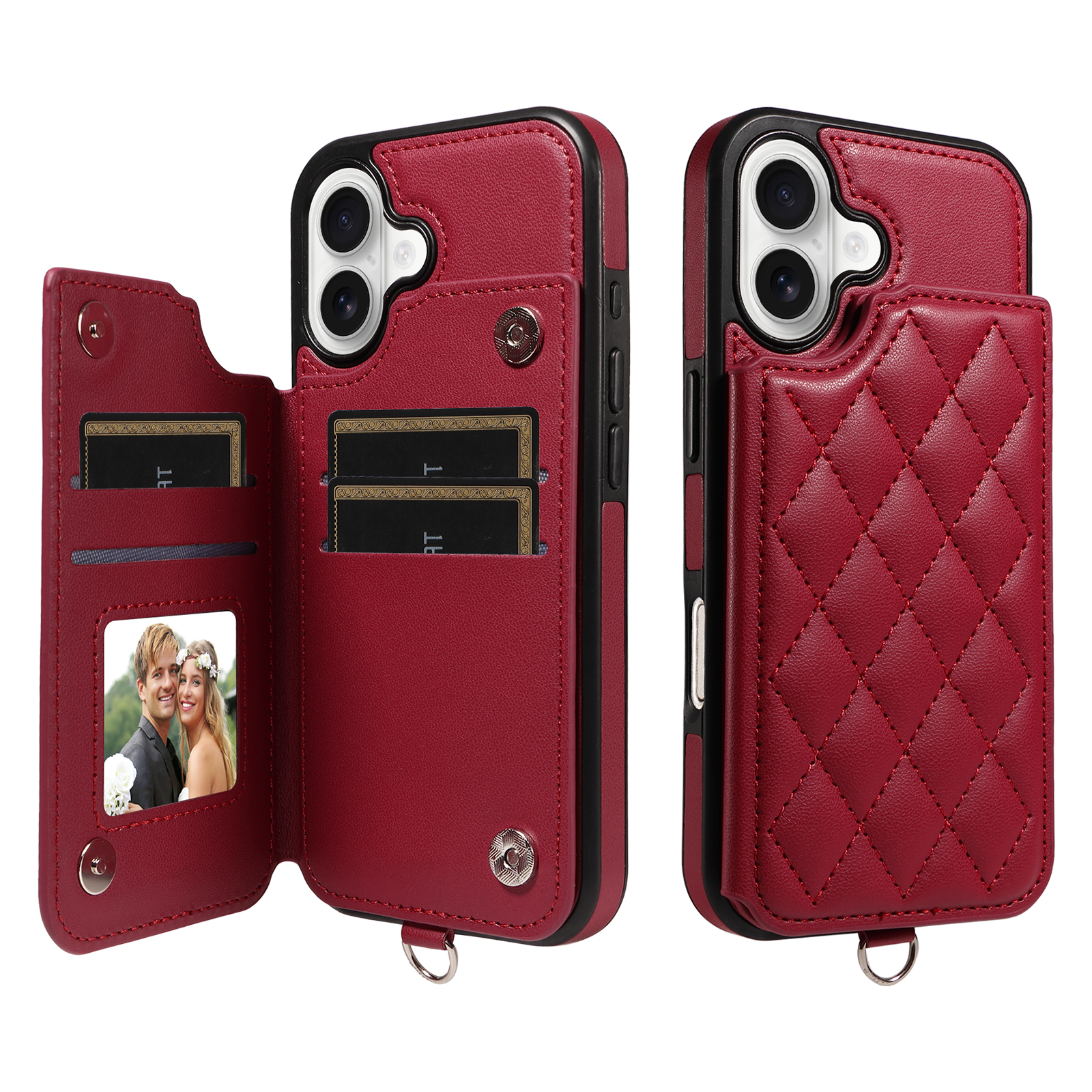 For iPhone 17 Case Card Bag Kickstand Leather Coated TPU Phone Cover with Wrist Strap - Wine Red