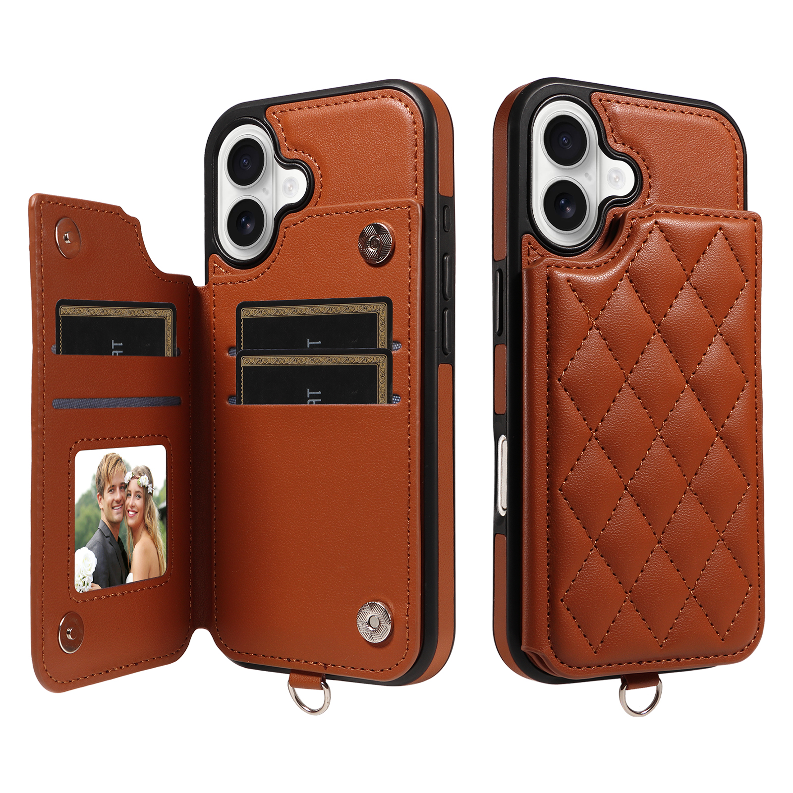 For iPhone 17 Case Card Bag Kickstand Leather Coated TPU Phone Cover with Wrist Strap - Brown