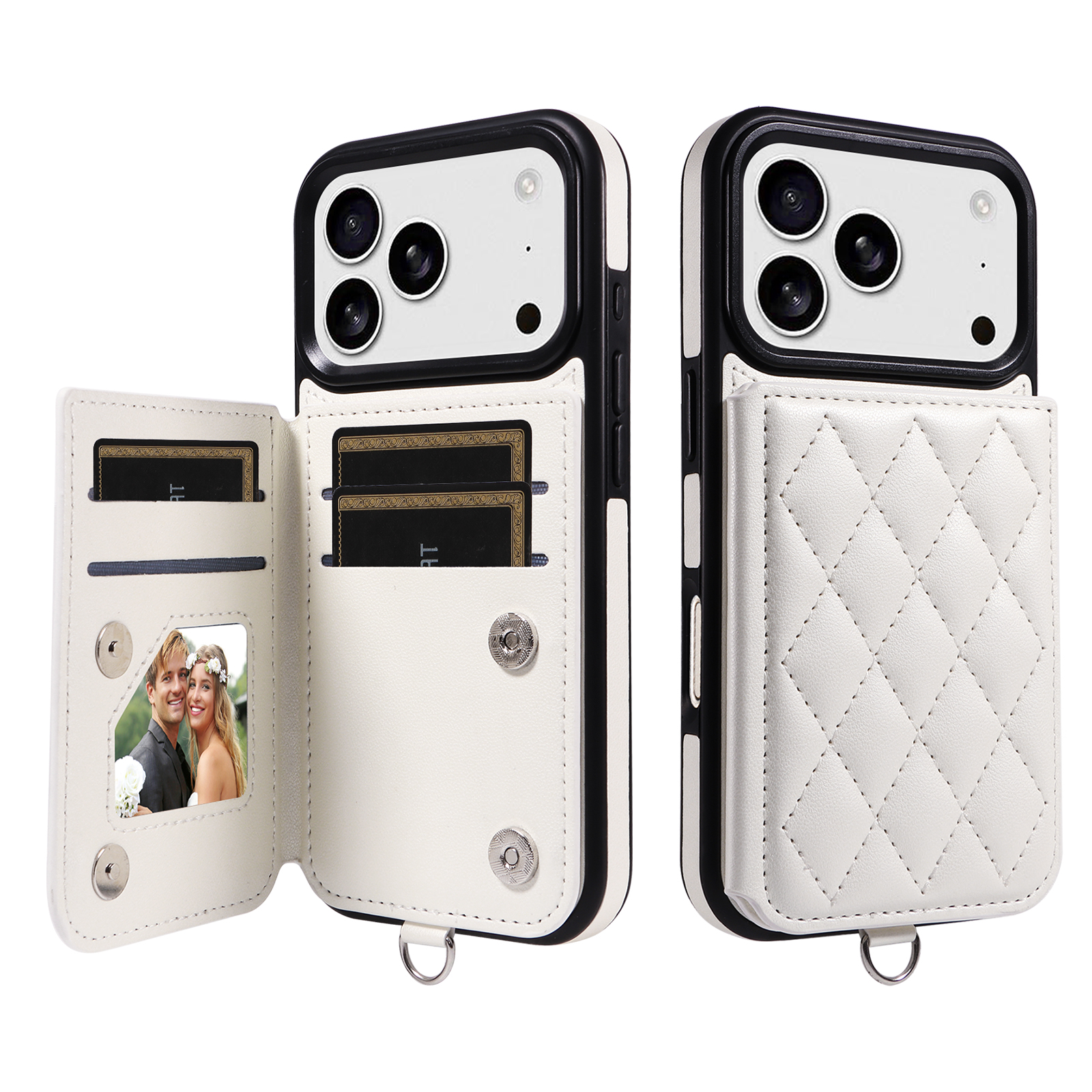 For iPhone 17 Pro Case Card Bag Kickstand Leather Coated TPU Phone Cover with Wrist Strap - White