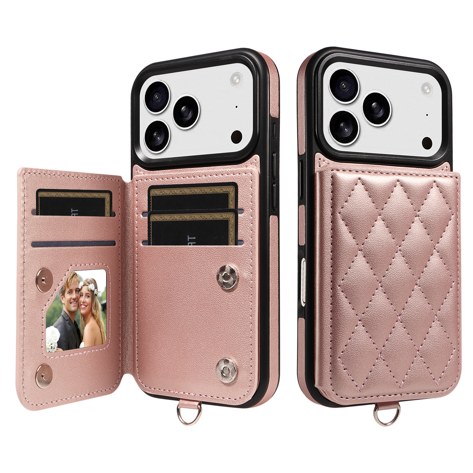 For iPhone 17 Pro Case Card Bag Kickstand Leather Coated TPU Phone Cover with Wrist Strap - Rose Gold