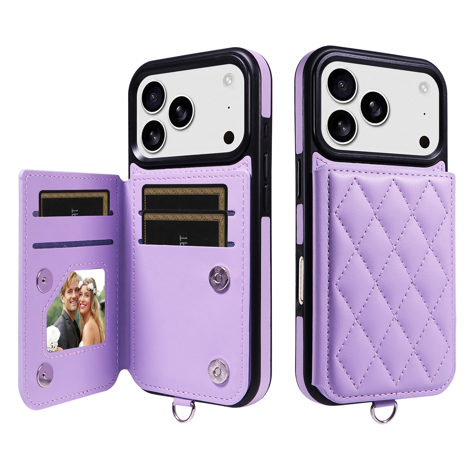 For iPhone 17 Pro Case Card Bag Kickstand Leather Coated TPU Phone Cover with Wrist Strap - Purple