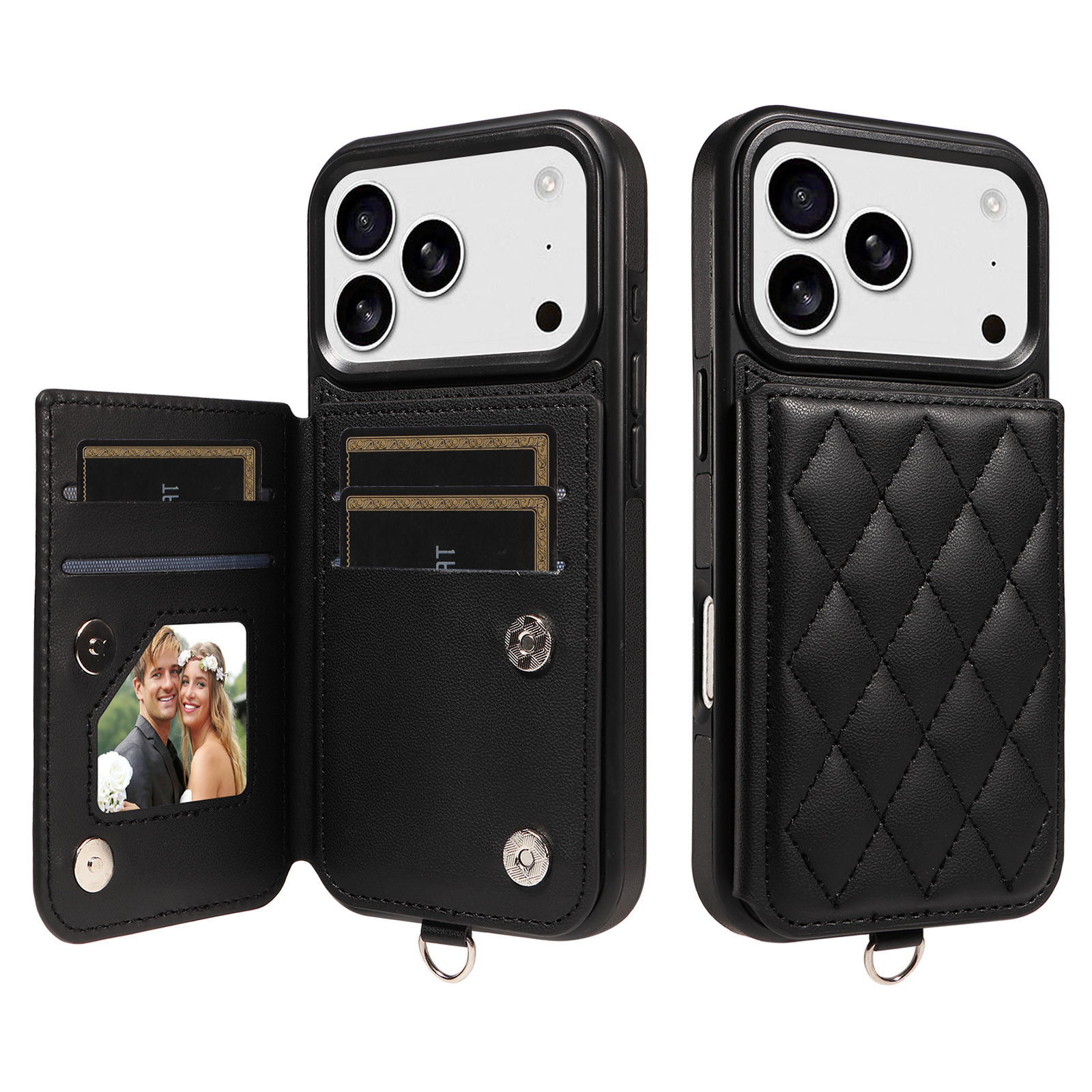 For iPhone 17 Pro Case Card Bag Kickstand Leather Coated TPU Phone Cover with Wrist Strap - Black