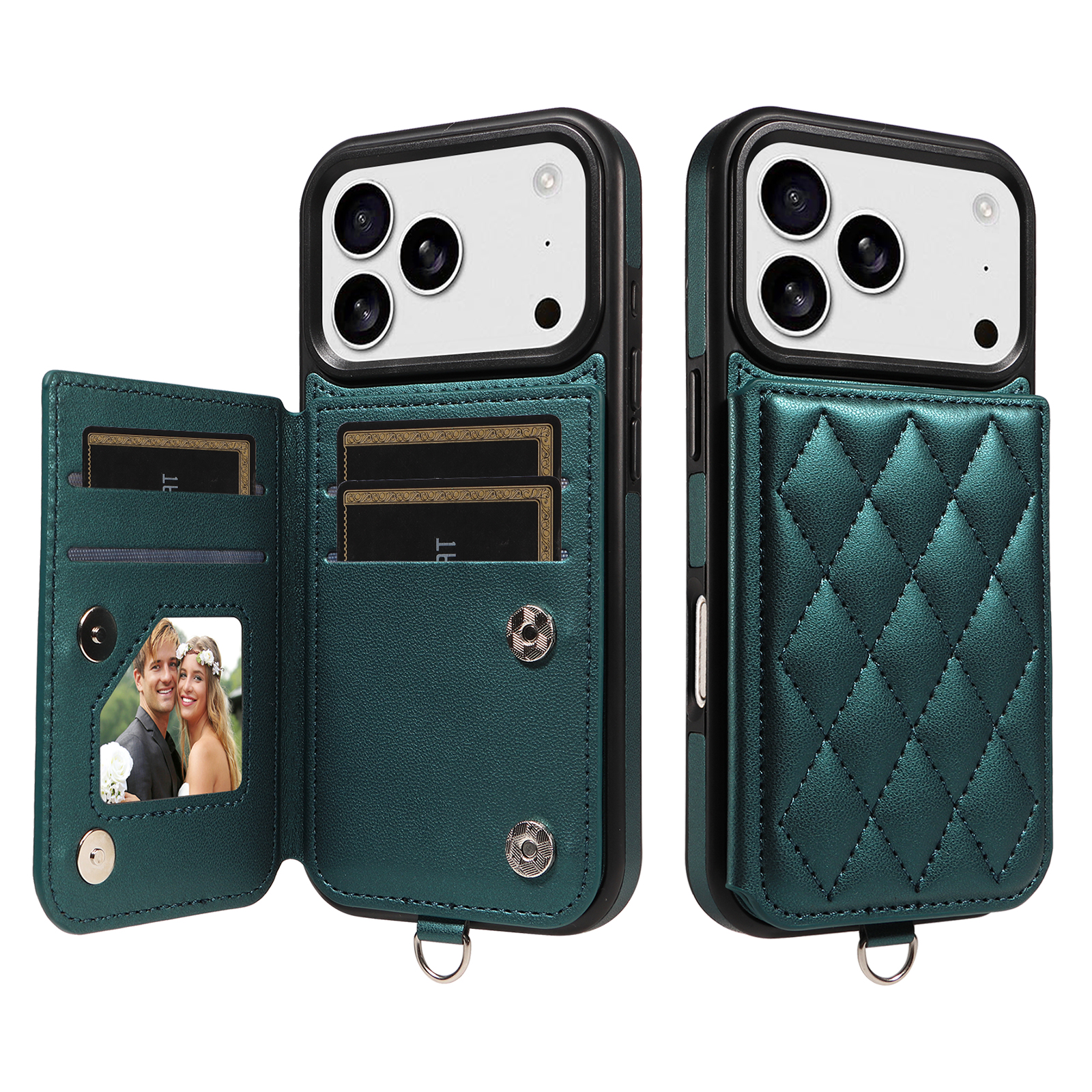 For iPhone 17 Pro Case Card Bag Kickstand Leather Coated TPU Phone Cover with Wrist Strap - Dark Green