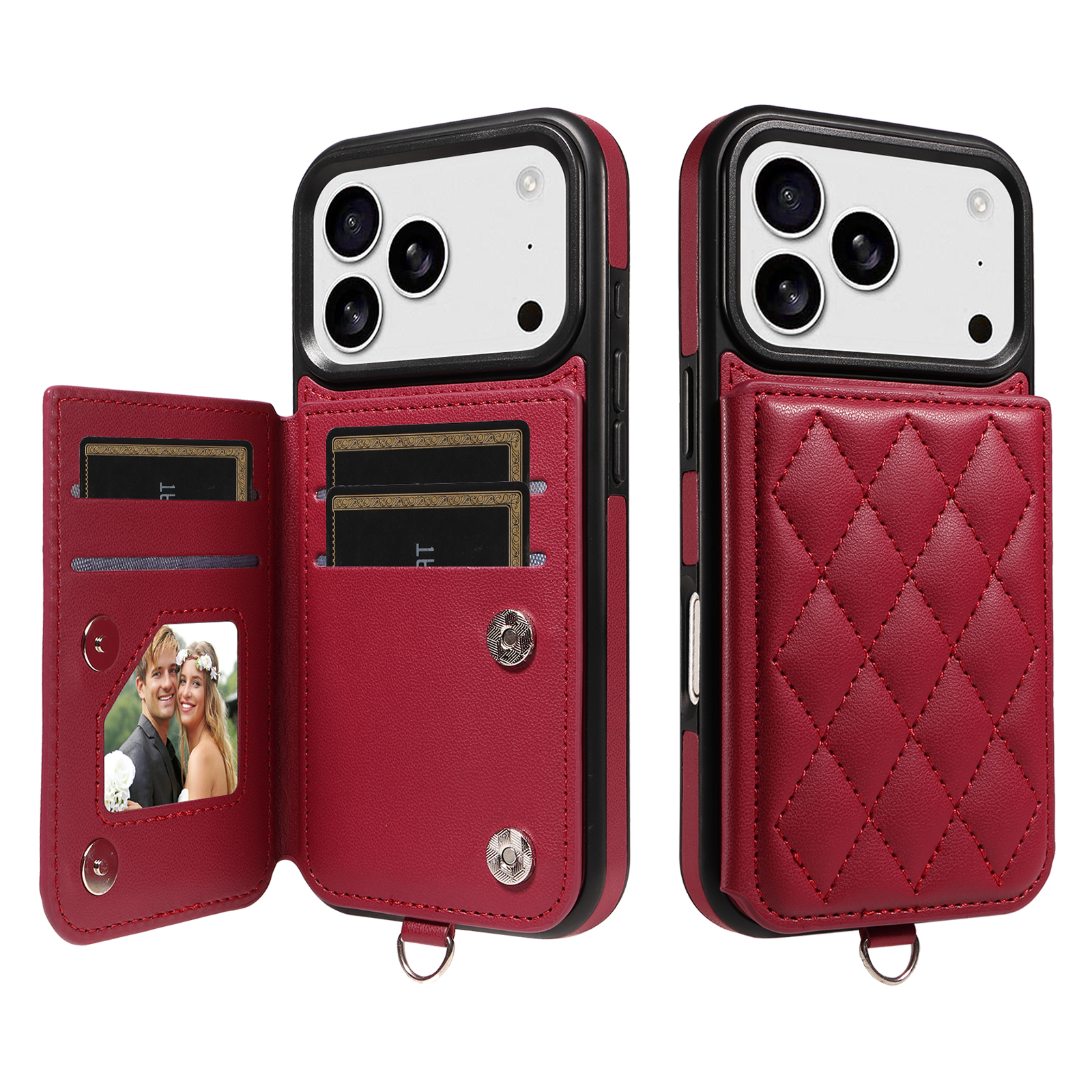 For iPhone 17 Pro Case Card Bag Kickstand Leather Coated TPU Phone Cover with Wrist Strap - Wine Red