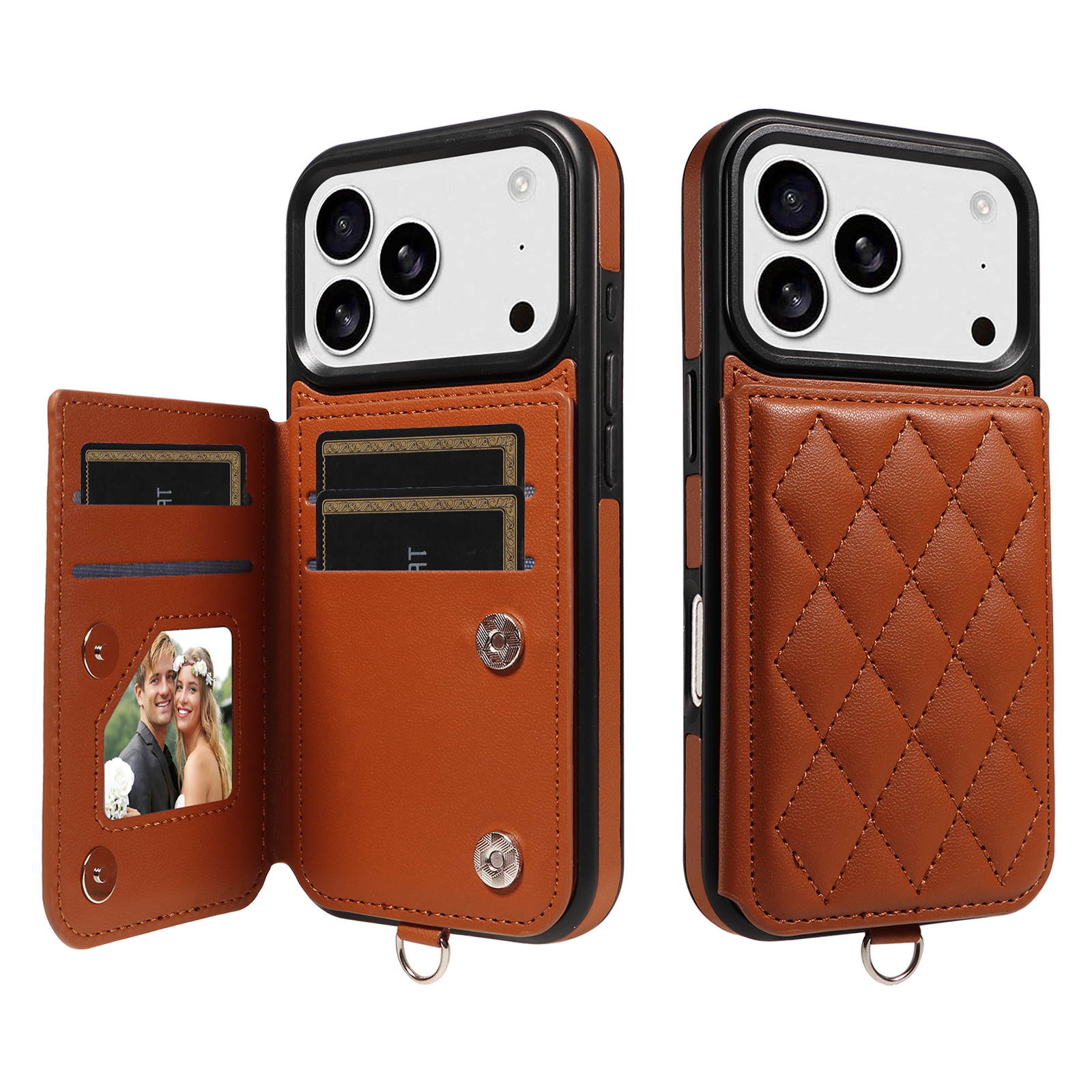 For iPhone 17 Pro Case Card Bag Kickstand Leather Coated TPU Phone Cover with Wrist Strap - Brown