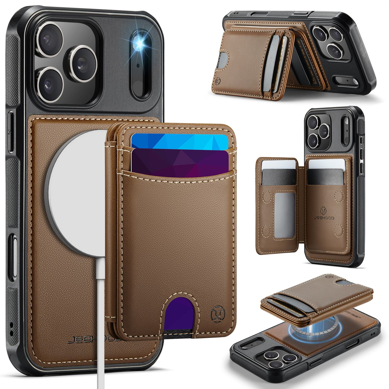 JEEHOOD J10 For iPhone 17 Pro Case with Detachable Card Holder Kickstand Compatible with MagSafe Leather Back Phone Cover - Brown