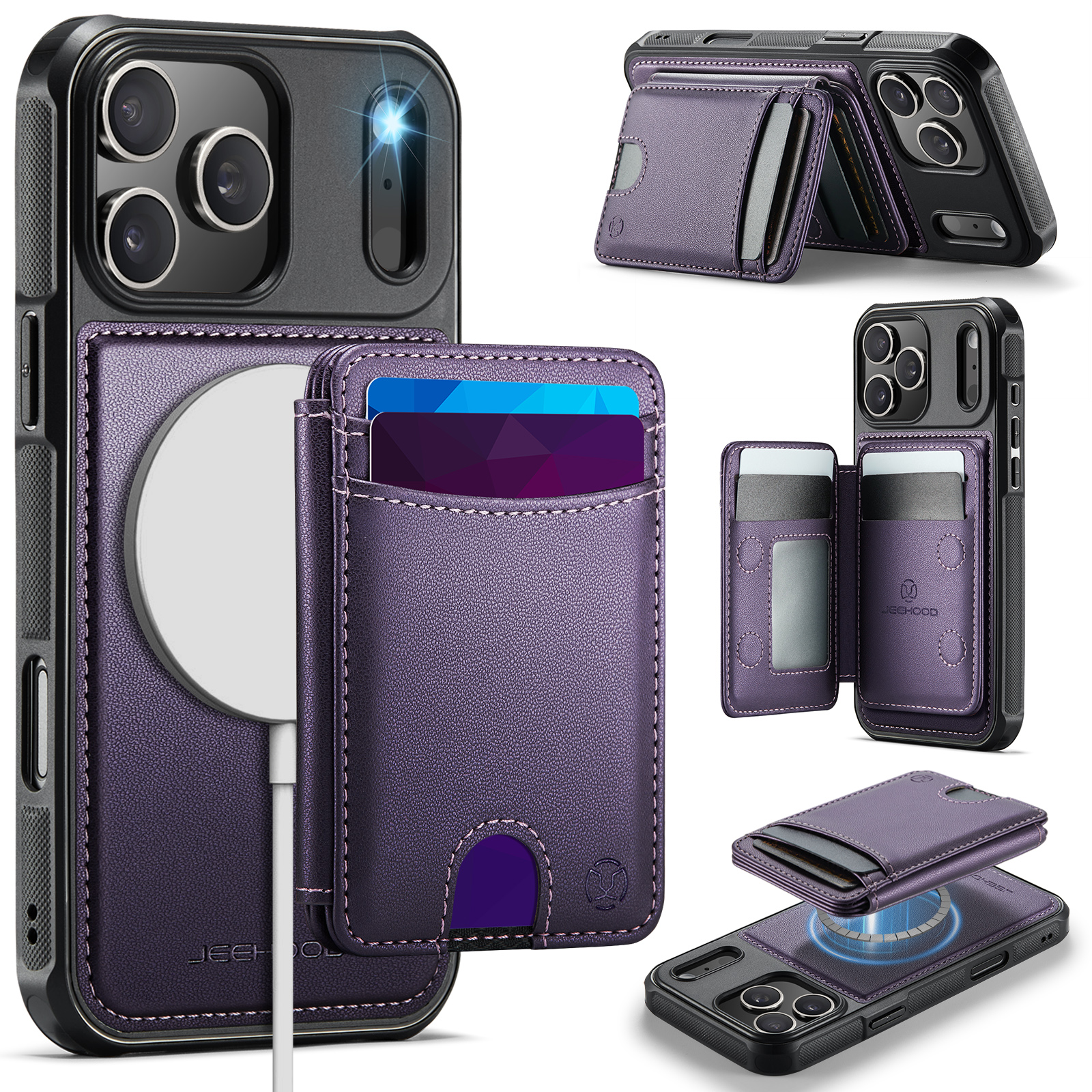 JEEHOOD J10 For iPhone 17 Pro Case with Detachable Card Holder Kickstand Compatible with MagSafe Leather Back Phone Cover - Purple