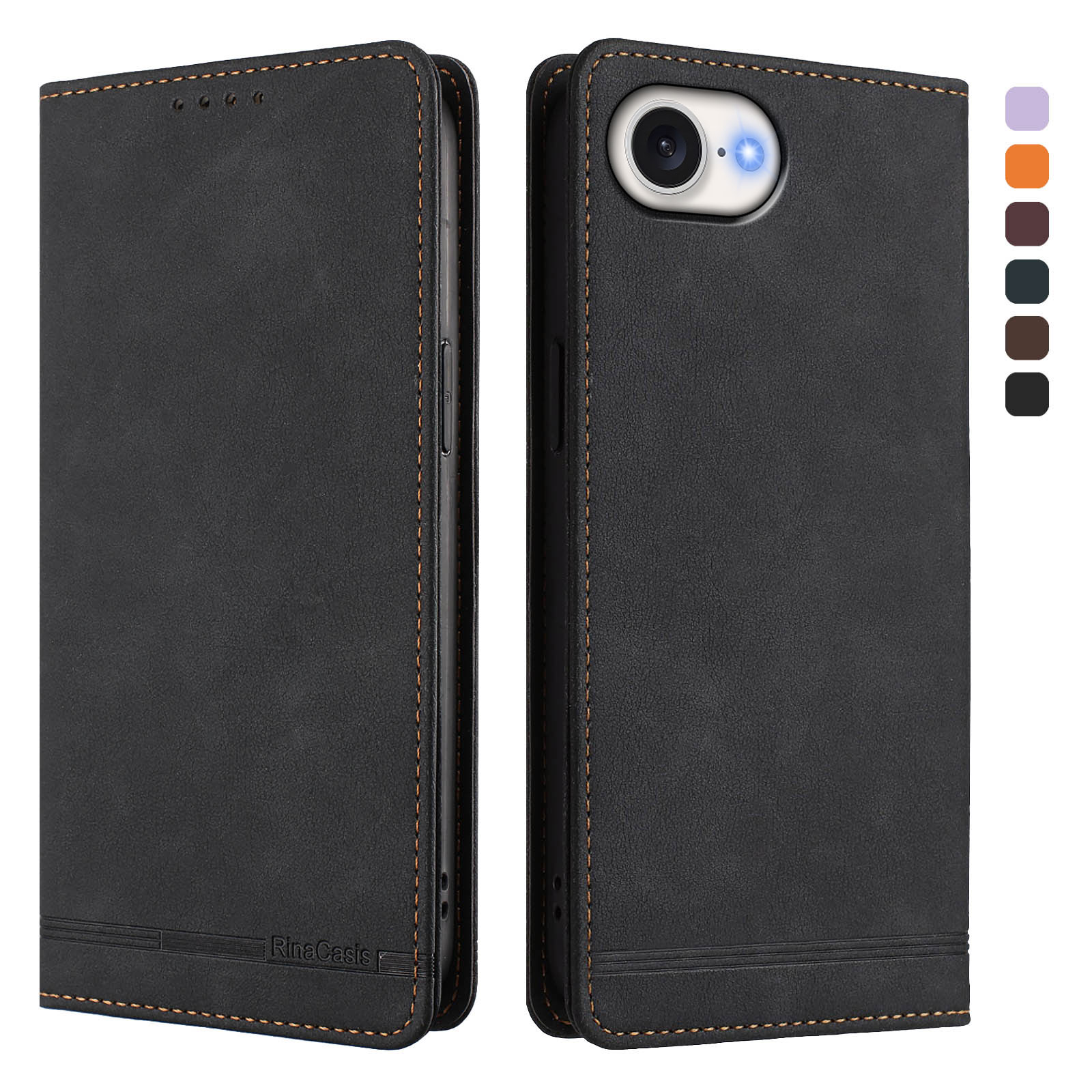For iPhone 16e Case RINACASIS RC23 RFID Blocking Wallet Stand PU Leather Phone Cover - Black