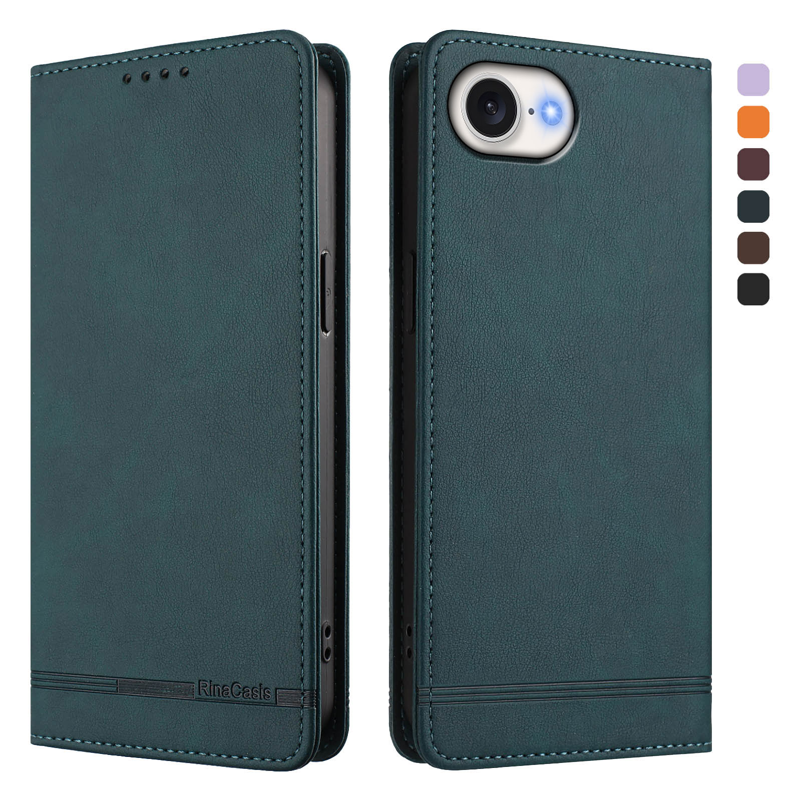 For iPhone 16e Case RINACASIS RC23 RFID Blocking Wallet Stand PU Leather Phone Cover - Dark Green
