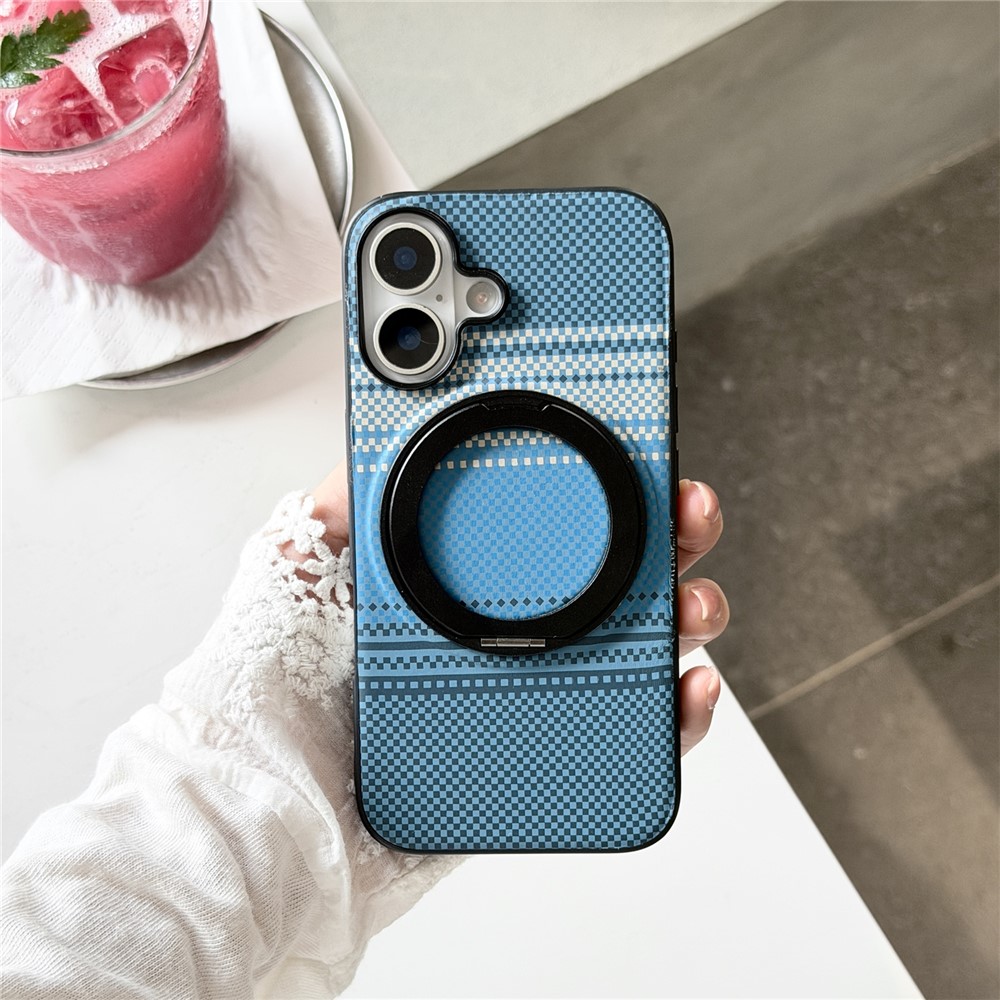 For iPhone 16 Magnetic Case Rotation Kickstand PU Leather + TPU Phone Cover - Blue