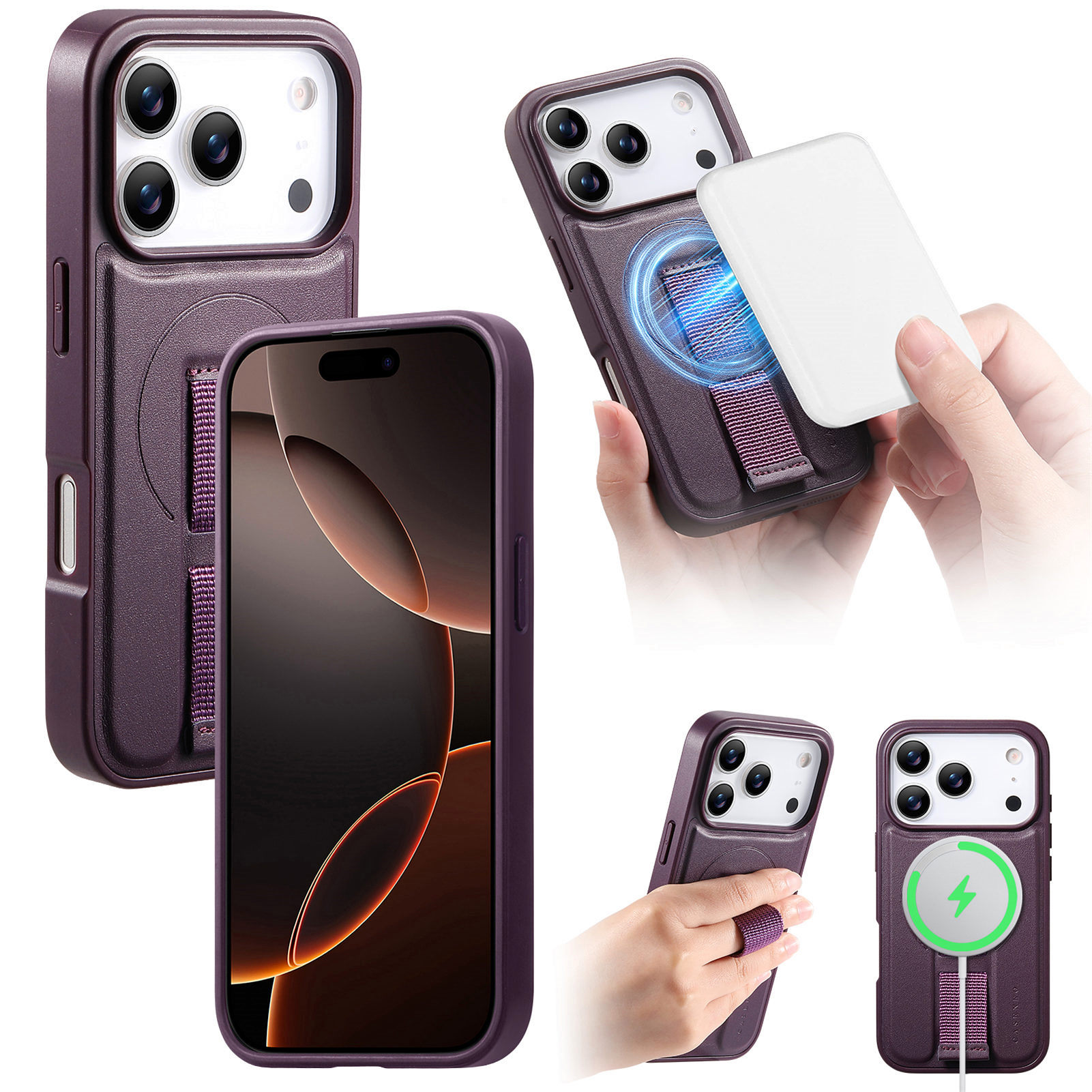For iPhone 17 Pro Max Magnetic Case CASENEO Wristband PU Leather + PC Shockproof Phone Cover - Purple