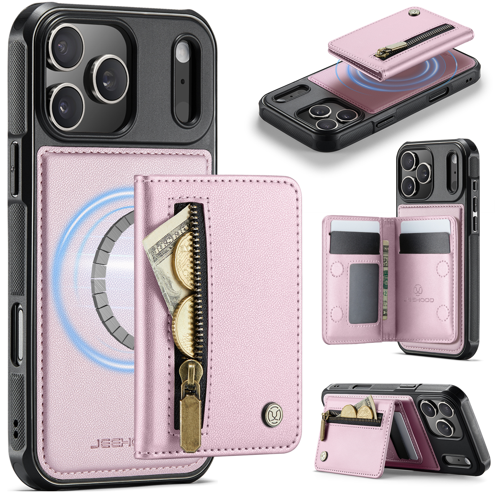 For iPhone 17 Pro Max Case JEEHOOD J12 Magnetic  Detachable Zipper Wallet Kickstand Leather Back Cover Compatible with MagSafe - Pink
