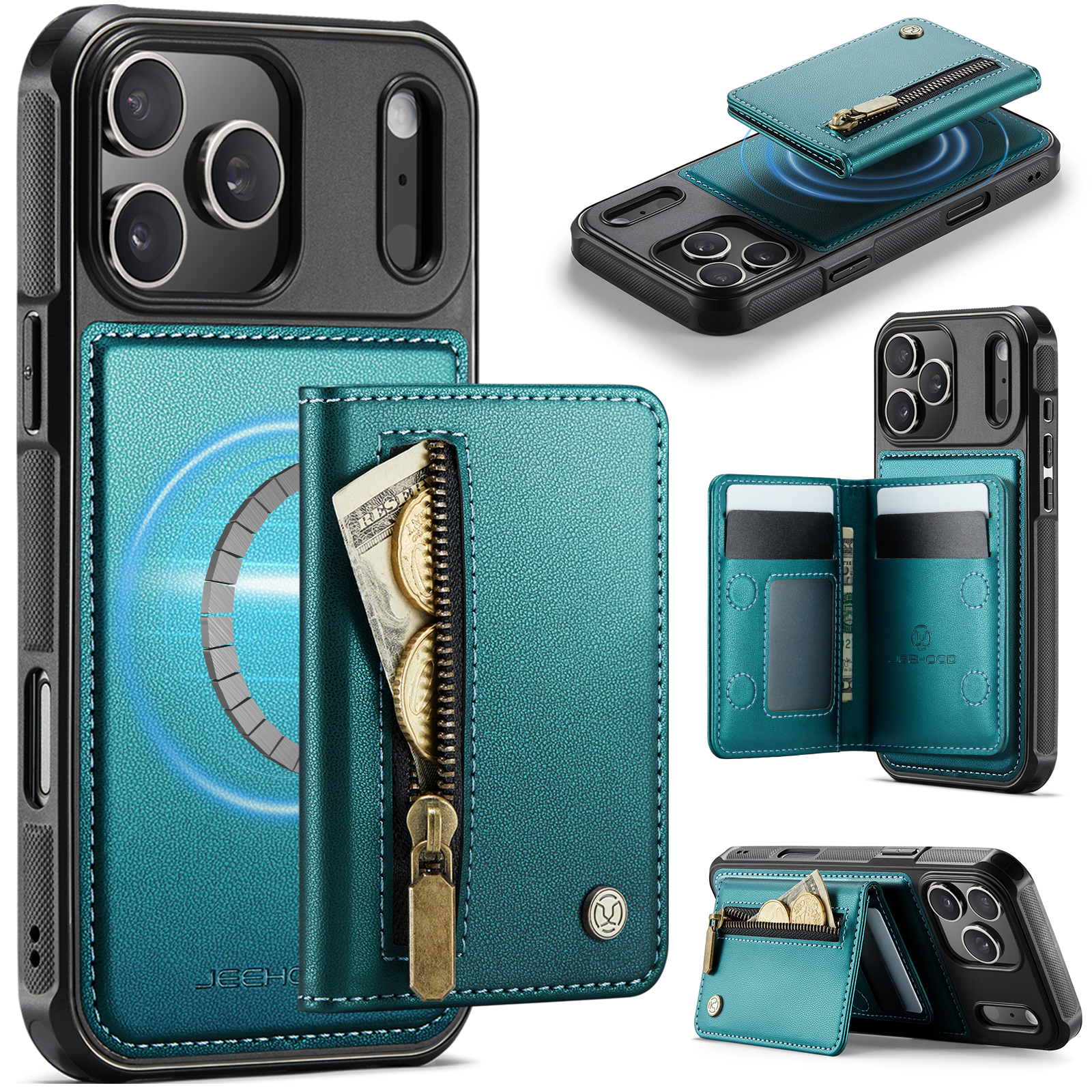 For iPhone 17 Pro Max Case JEEHOOD J12 Magnetic  Detachable Zipper Wallet Kickstand Leather Back Cover Compatible with MagSafe - Blue