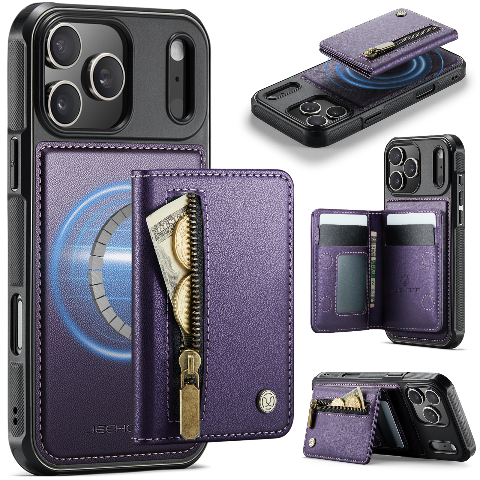 For iPhone 17 Pro Max Case JEEHOOD J12 Magnetic  Detachable Zipper Wallet Kickstand Leather Back Cover Compatible with MagSafe - Purple
