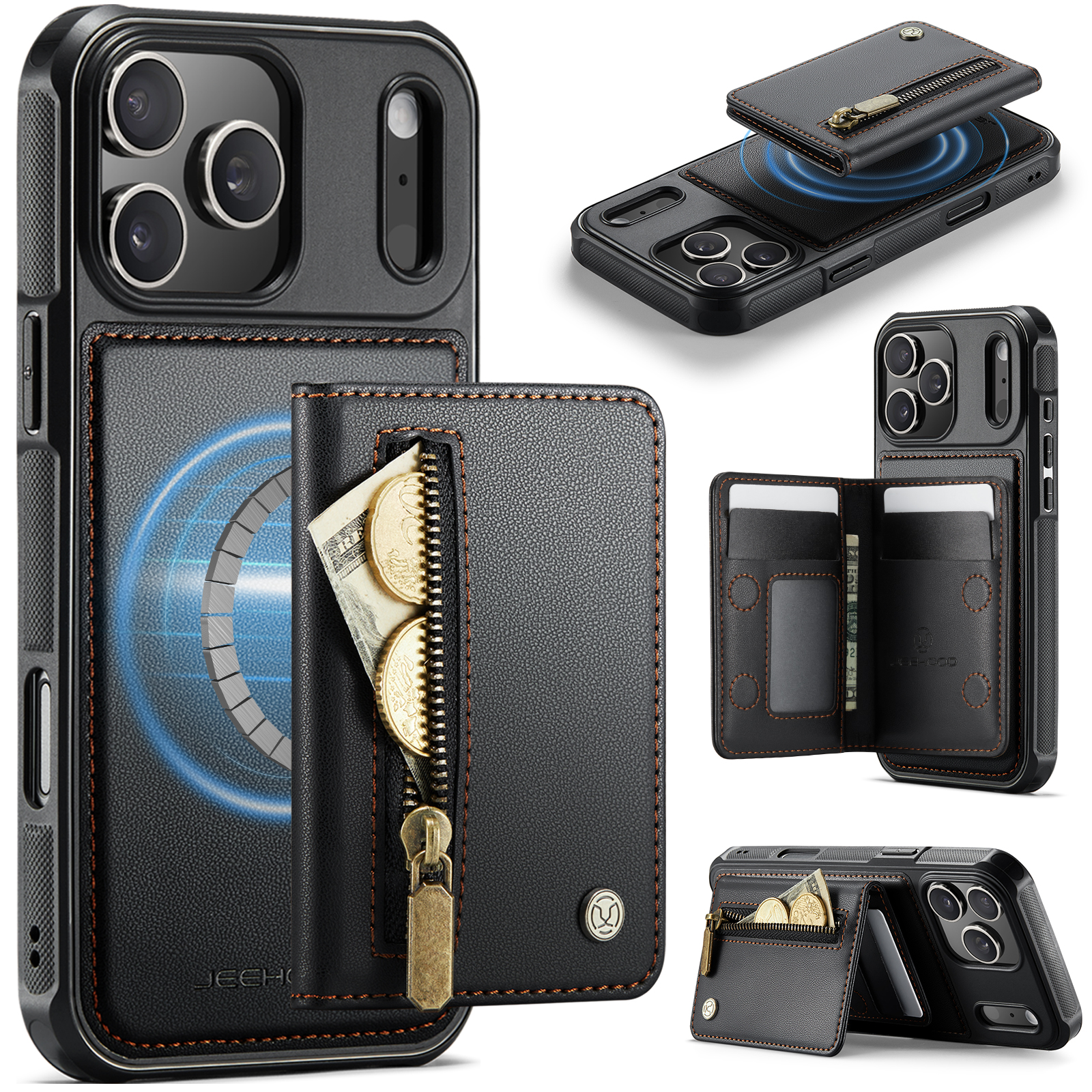 For iPhone 17 Pro Case JEEHOOD J12 Magnetic  Detachable Zipper Wallet Kickstand Leather Back Cover Compatible with MagSafe - Black