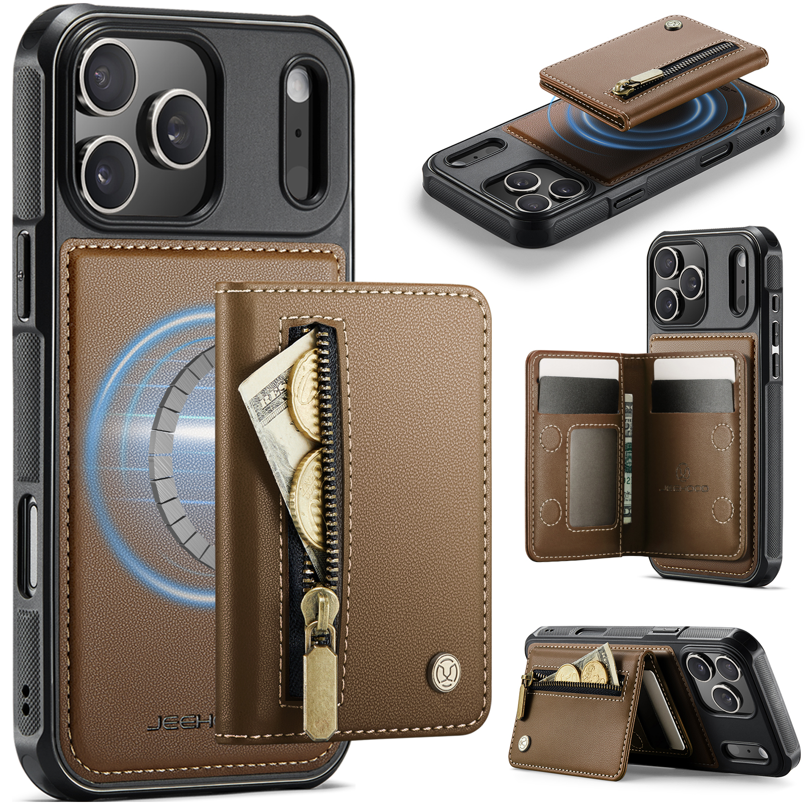 For iPhone 17 Pro Case JEEHOOD J12 Magnetic Detachable Zipper Wallet Kickstand Leather Back Cover Compatible with MagSafe - Brown