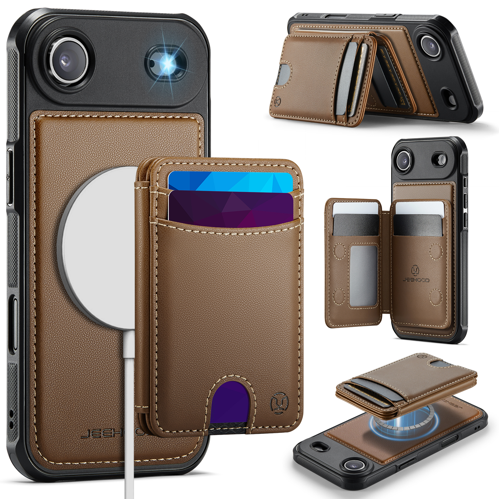 JEEHOOD J10 For iPhone Air Case with Detachable Card Holder Kickstand Compatible with MagSafe Leather Back Phone Cover - Brown