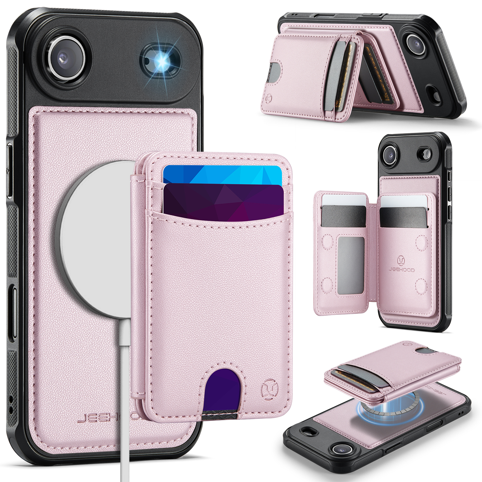 JEEHOOD J10 For iPhone Air Case with Detachable Card Holder Kickstand Compatible with MagSafe Leather Back Phone Cover - Pink