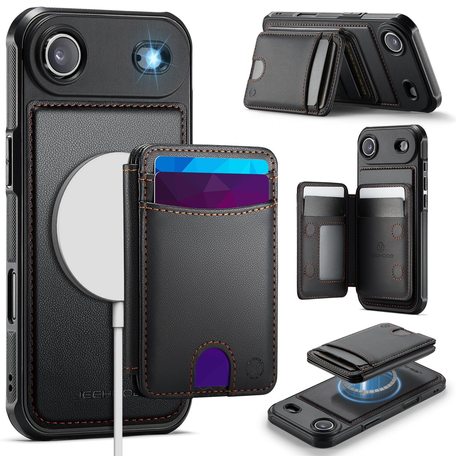 JEEHOOD J10 For iPhone Air Case with Detachable Card Holder Kickstand Compatible with MagSafe Leather Back Phone Cover - Black