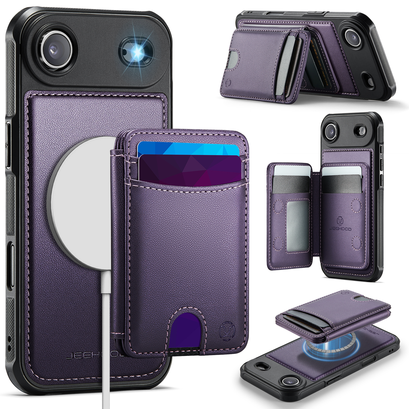 JEEHOOD J10 For iPhone Air Case with Detachable Card Holder Kickstand Compatible with MagSafe Leather Back Phone Cover - Purple