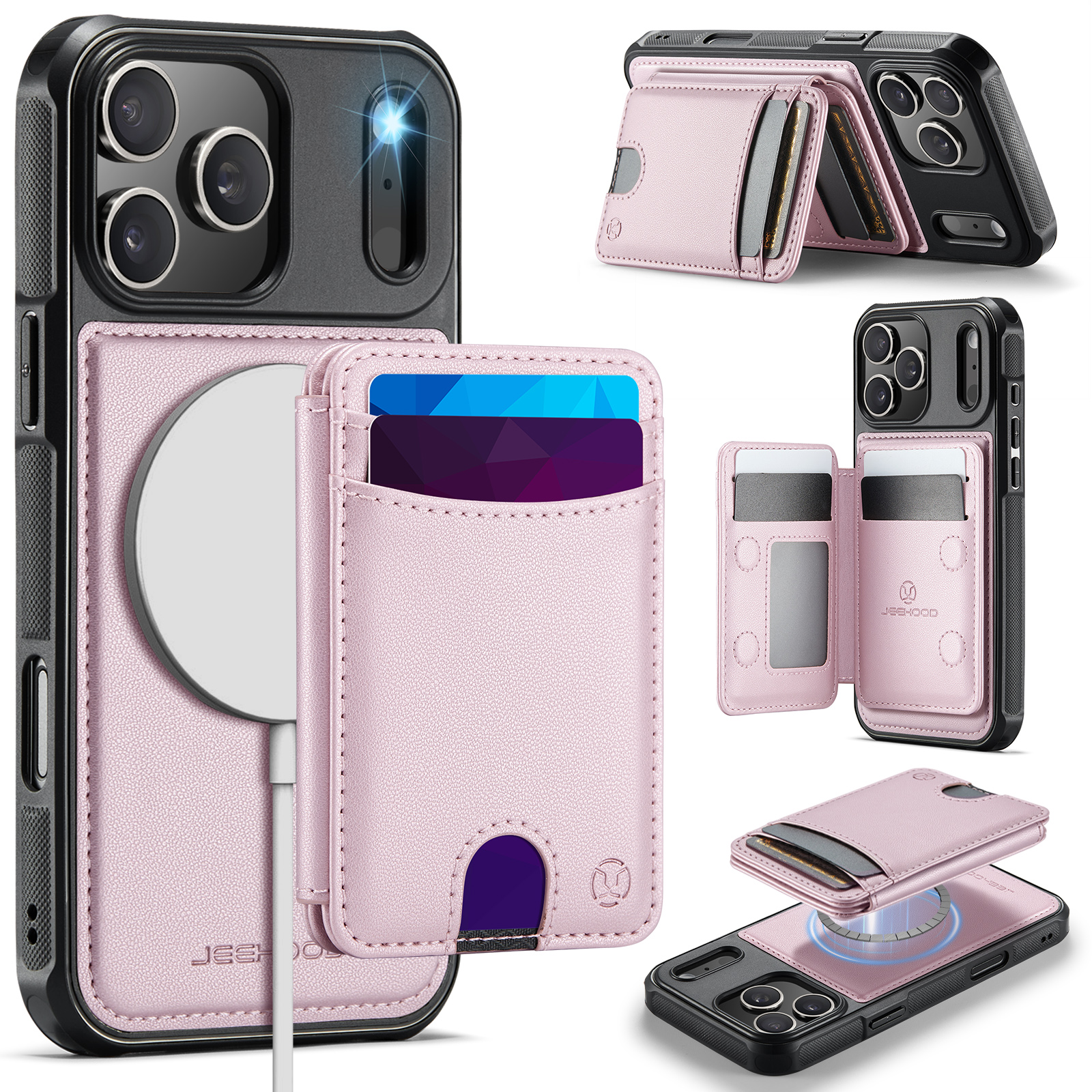JEEHOOD J10 For iPhone 17 Pro Max Case with Detachable Card Holder Kickstand Compatible with MagSafe Leather Back Phone Cover - Pink