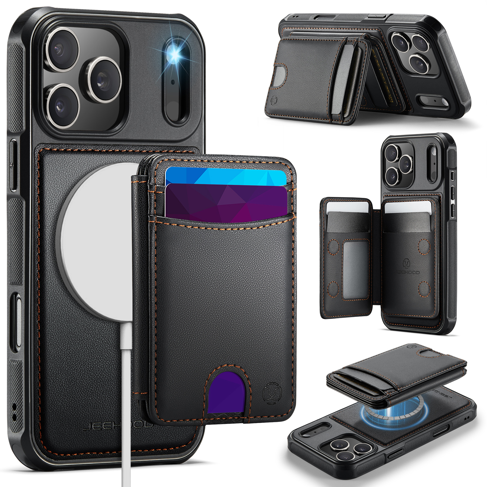 JEEHOOD J10 For iPhone 17 Pro Max Case with Detachable Card Holder Kickstand Compatible with MagSafe Leather Back Phone Cover - Black
