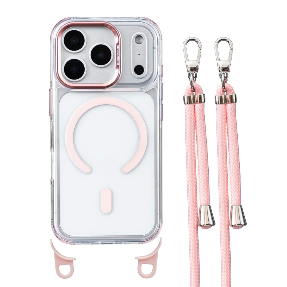 For iPhone 17 Pro Clear Case Compatible with MagSafe Shockproof PC+TPU Phone Cover with Long Lanyard - Pink