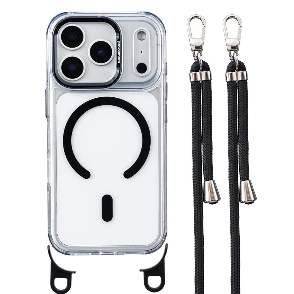 For iPhone 17 Pro Clear Case Compatible with MagSafe Shockproof PC+TPU Phone Cover with Long Lanyard - Black