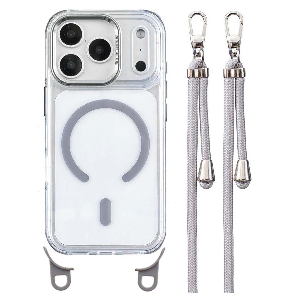 For iPhone 17 Pro Clear Case Compatible with MagSafe Shockproof PC+TPU Phone Cover with Long Lanyard - Grey