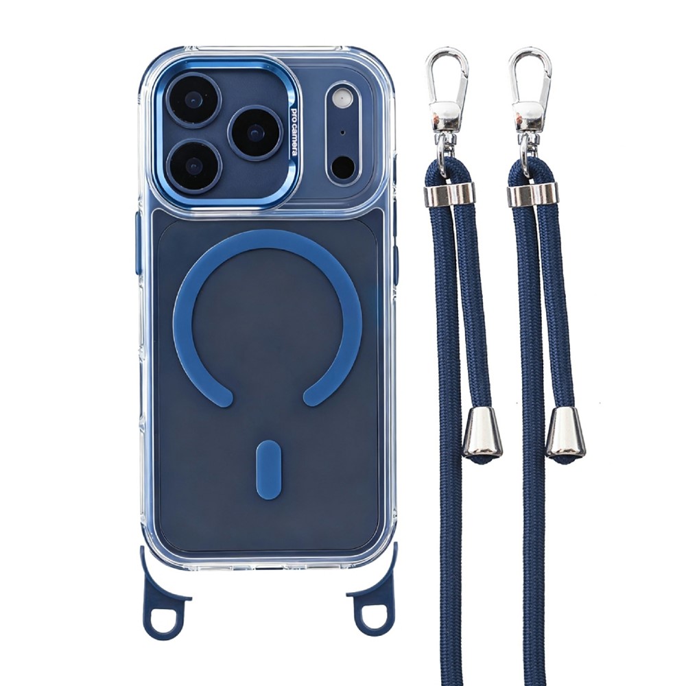 For iPhone 17 Pro Clear Case Compatible with MagSafe Shockproof PC+TPU Phone Cover with Long Lanyard - Blue