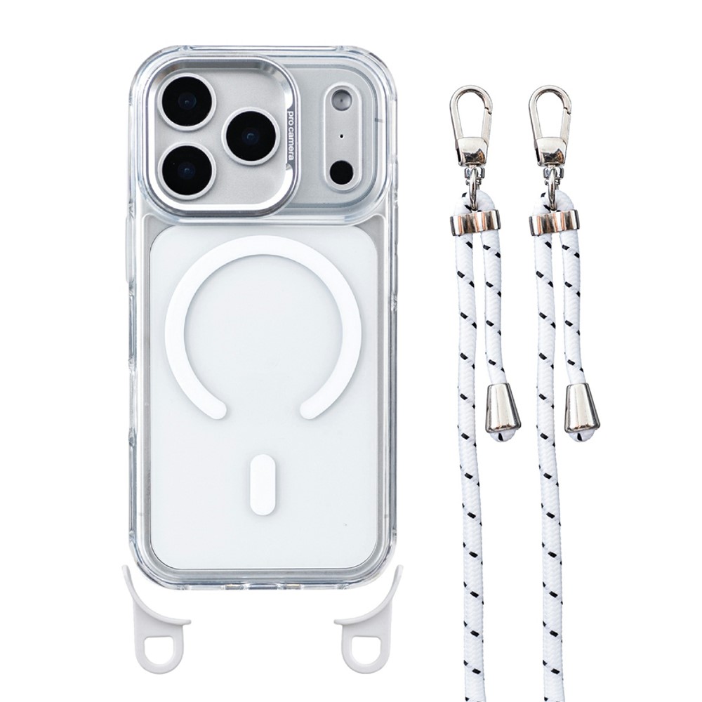For iPhone 17 Pro Max Clear Case Compatible with MagSafe Shockproof PC+TPU Phone Cover with Long Lanyard - White