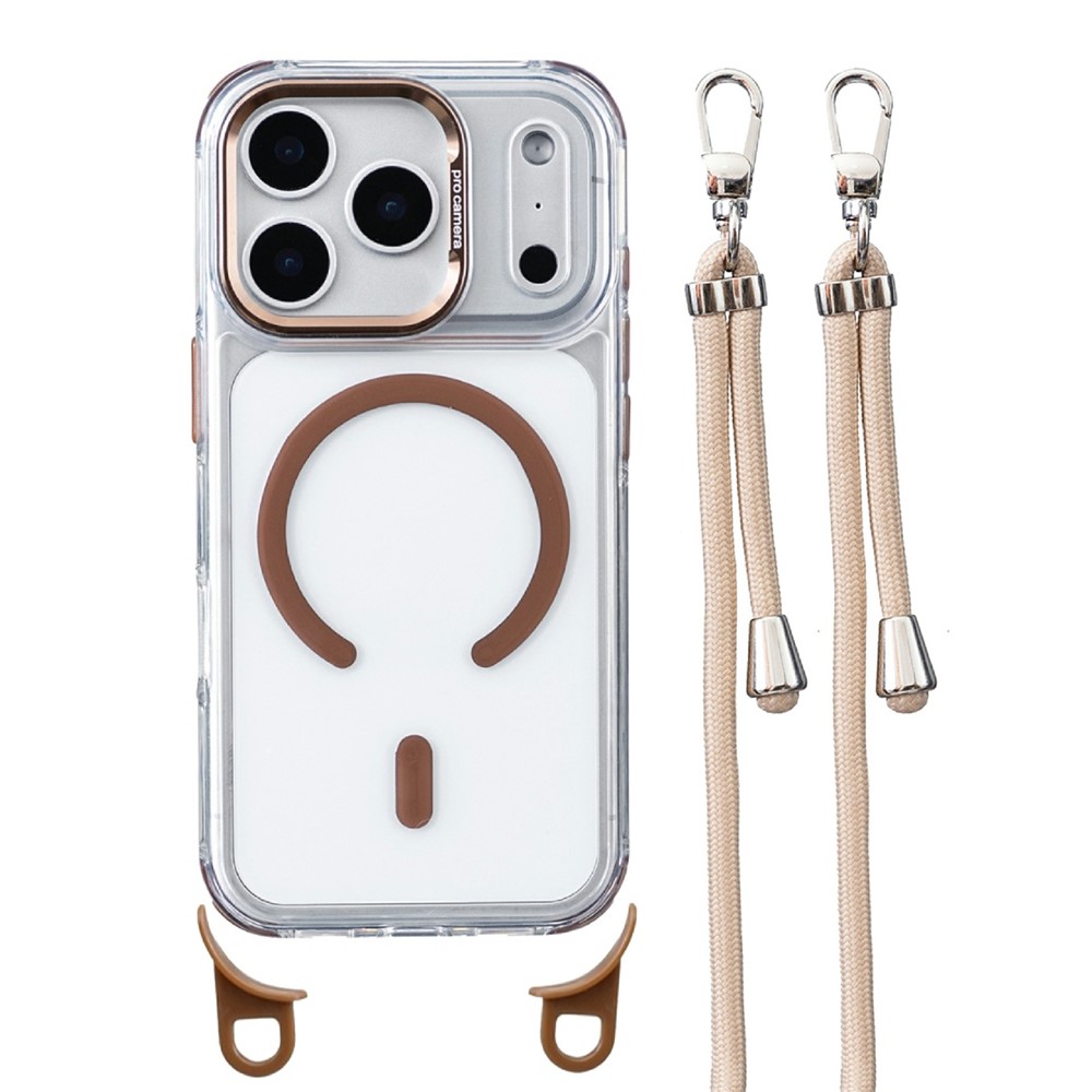 For iPhone 17 Pro Max Clear Case Compatible with MagSafe Shockproof PC+TPU Phone Cover with Long Lanyard - Gold