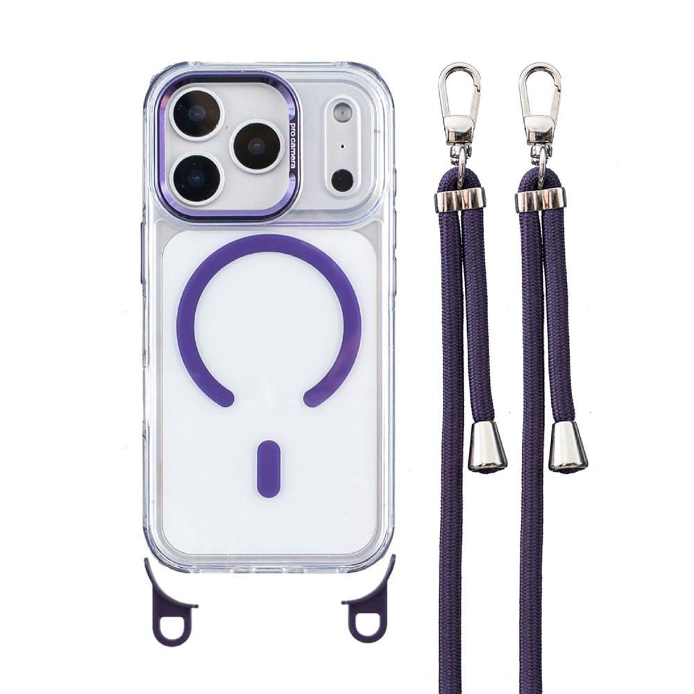 For iPhone 17 Pro Max Clear Case Compatible with MagSafe Shockproof PC+TPU Phone Cover with Long Lanyard - Purple