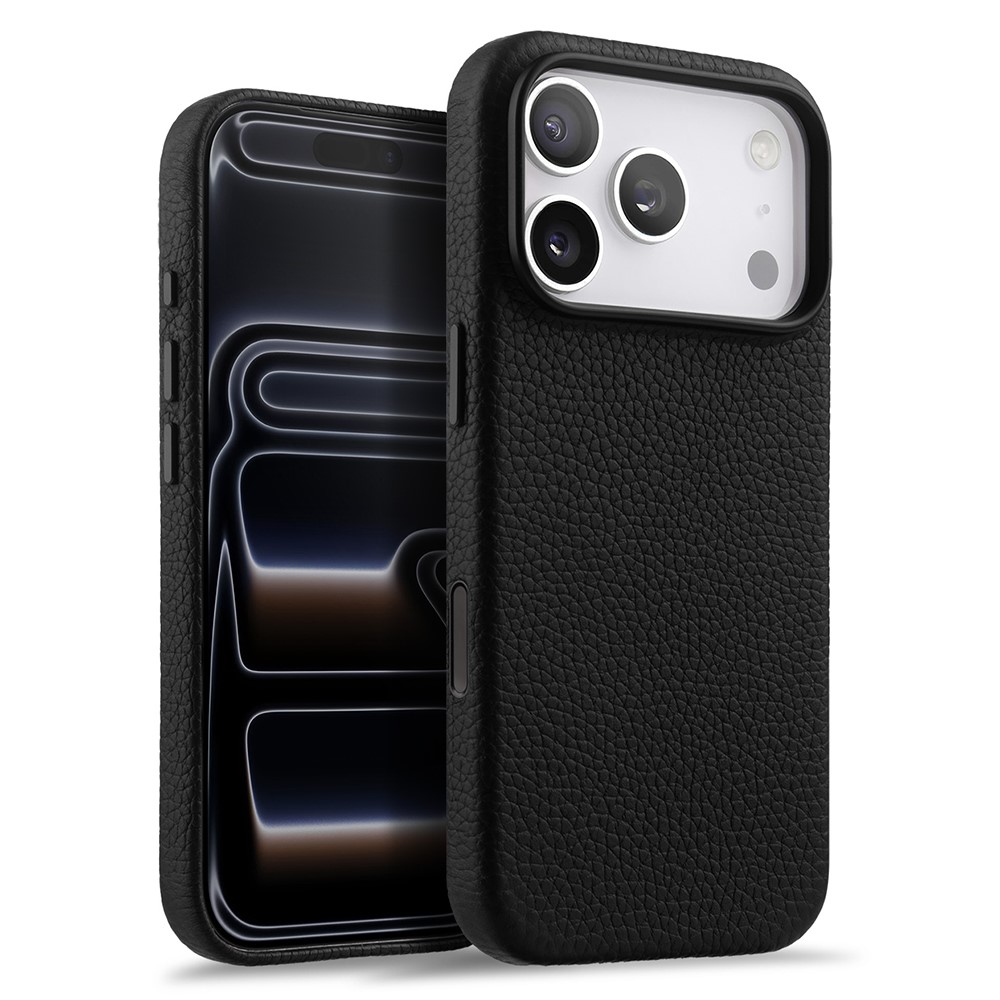 MELKCO For iPhone 17 Pro Max Magnetic Case Genuine Cow Leather + PC Phone Cover with Metal Keys  /  AI Button - Black
