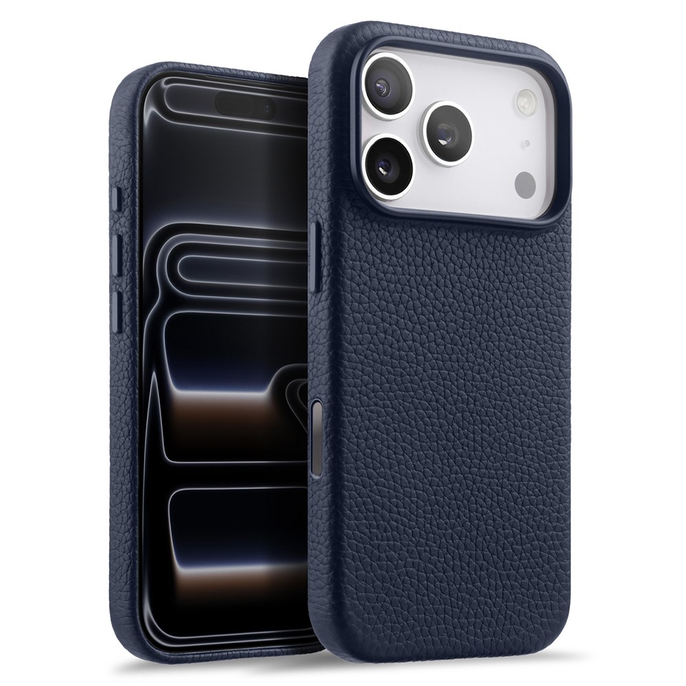 MELKCO For iPhone 17 Pro Max Magnetic Case Genuine Cow Leather + PC Phone Cover with Metal Keys  /  AI Button - Dark Blue