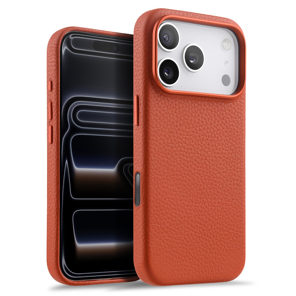 MELKCO For iPhone 17 Pro Max Magnetic Case Genuine Cow Leather + PC Phone Cover with Metal Keys / AI Button - Orange