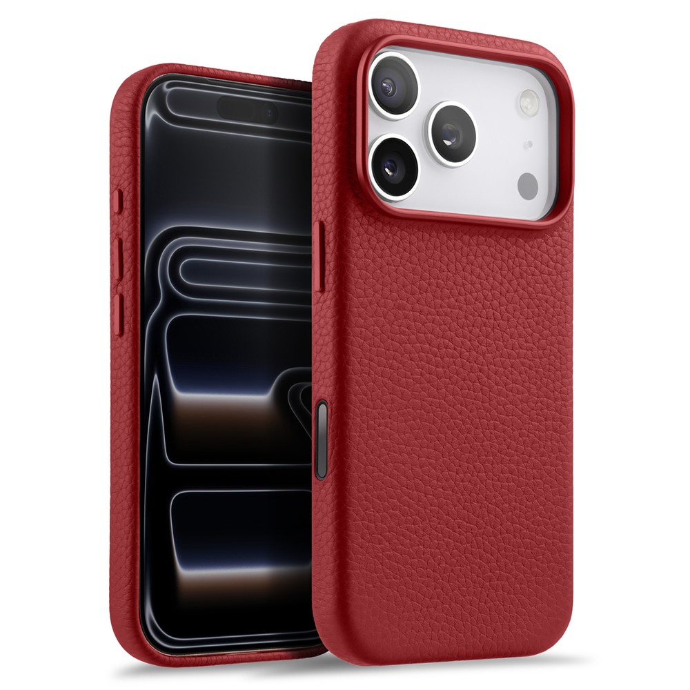 MELKCO For iPhone 17 Pro Max Magnetic Case Genuine Cow Leather + PC Phone Cover with Metal Keys / AI Button - Red