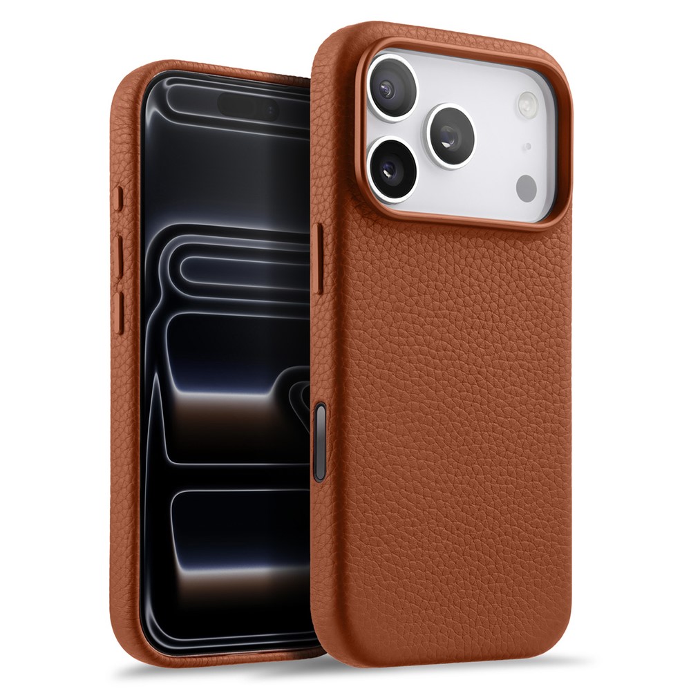 MELKCO For iPhone 17 Pro Magnetic Case Genuine Cow Leather + PC Phone Cover with Metal Keys  /  AI Button - Brown